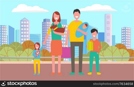 Happy family and children at cityscape with buildings and bushes. Mother, father, daughter with toy and son with present in hand, newborn baby. Vector illustration in flat cartoon style. Vector Happy Family and Children at Cityscape