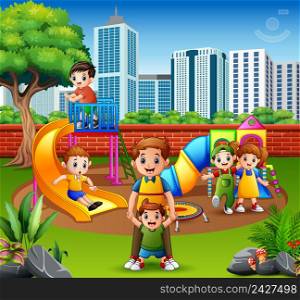 Happy family and children in the playground