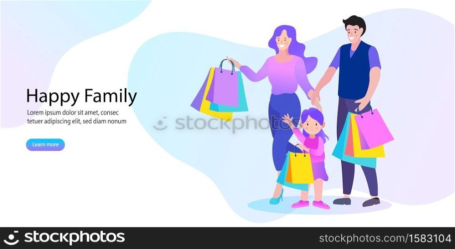 happy family and children shopping. Father, mother and children with packages and purchases. Vector illustration of a cartoon style.