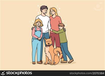 Happy family and pets concept. Smiling loving family father mother and children standing embracing each other with their dog during walk vector illustration . Happy family and pets concept.