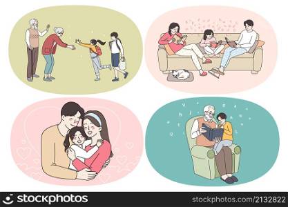 Happy family and spending time with relatives concept. Set of happy grandparents meeting their grandkids family reading together on sofa hugging and enjoying time together vector illustration. Happy family and spending time with relatives concept