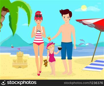 Happy Family at Beach Party. Smiling Parents with Child Stand on Sand Enjoy Cocktails on Seaside Background with Dolphins, Palms, Umbrella and Sand Castle. Cartoon Flat Illustration. Happy Family at Beach Party Day Time Banner, Flyer