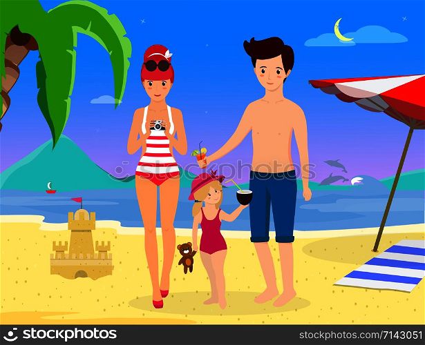 Happy Family at Beach Party. Smiling Parents with Child Stand on Sand Enjoy Cocktail Photographing on Seaside Background with Dolphins Palms Umbrella and Sandy Castle. Cartoon flat illustration. Parents with Child Stand on Beach Enjoy Summer