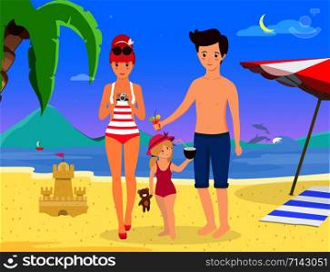 Happy Family at Beach Party. Smiling Parents with Child Stand on Sand Enjoy Cocktail Photographing on Seaside Background with Dolphins Palms Umbrella and Sandy Castle. Cartoon flat illustration. Parents with Child Stand on Beach Enjoy Summer