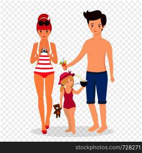 Happy Family at Beach. Smiling Mother in Swim Suit with Photo Camera, Father with Cocktail Child Girl with Toy and Coconut Isolated on Transparent Background Cartoon Flat Vector Illustration, Clip Art. Happy Family at Beach. Mother Father with Child