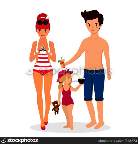 Happy Family at Beach. Smiling Mother in Swim Suit with Photo Camera, Father with Cocktail Child Girl with Toy and Coconut Isolated on White Background. Cartoon Flat Vector Illustration, Clip Art. Happy Family at Beach. Mother Father with Child