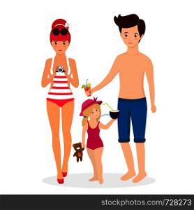 Happy Family at Beach. Smiling Mother in Swim Suit with Photo Camera, Father with Cocktail Child Girl with Toy and Coconut Isolated on White Background. Cartoon Flat Vector Illustration, Clip Art. Happy Family at Beach. Mother Father with Child