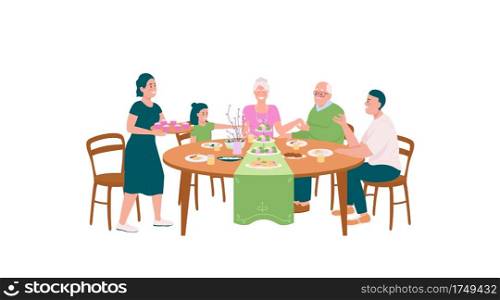 Happy family at dining table for Easter flat color vector detailed characters. Festive dinner. Spring holiday celebration isolated cartoon illustration for web graphic design and animation. Happy family at dining table for Easter flat color vector detailed characters