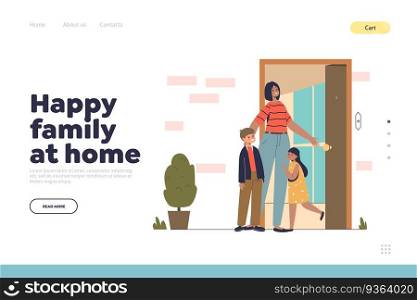 Happy family at home concept of landing page with kids meeting mom at front door after trip or work. Children, son and daughter, give welcome hug to mother. Cartoon flat vector illustration. Happy family at home concept of landing page with kids meeting mom at front door after trip or work