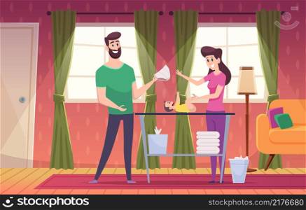Happy family background. Lovely couples daily routine at home playing with kids in room exact vector cartoon illustration. Family people mother father and baby. Happy family background. Lovely couples daily routine at home playing with kids in room exact vector cartoon illustration