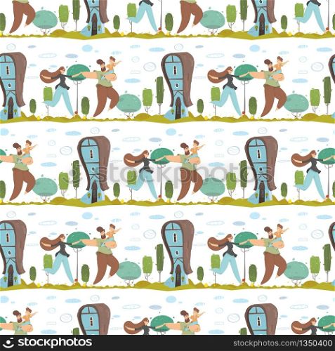 Happy Family Cartoon Characters and Sweet Home. Craft Seamless Pattern in Trendy Flat Style. Farm House Building in Countryside and Parents with Child Running. Vector Flat Endless Illustration. Happy Family and Sweet Home Craft Seamless Pattern