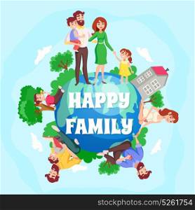Happy Family Cartoon Composition. Happy family cartoon composition with children and their parents figurines around earth planet flat vector illustration