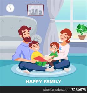 Happy Family Cartoon Poster. Happy family in home interior cartoon poster with mother father son and daughter reading book together flat vector illustration