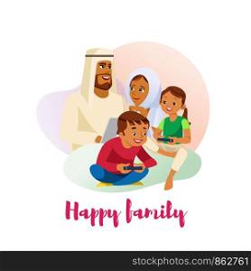 Happy Family Cartoon Vector Concept with Muslin Parents in Traditional Ethnic Wear Spending Time Together with Kids. Father and Mother Using Laptop, Son and Daughter with Gamepad Playing Video Games