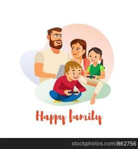 Happy Family Cartoon Vector Concept with Parents Spending Time Together with Kids. Father and Mother Using Laptop, Son and Daughter Holding Gamepad, Playing Video Games. Digital Entertainments at Home
