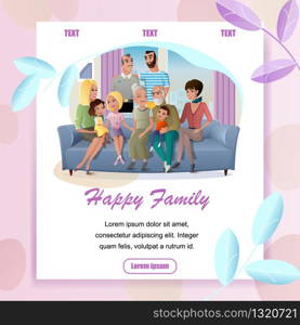 Happy Family Cartoon Vector Square Web Banner with Senior Couple Spending Time with Children, Relatives Gathering at Home Illustration. Service for Retired People Landing Page. Family Generations