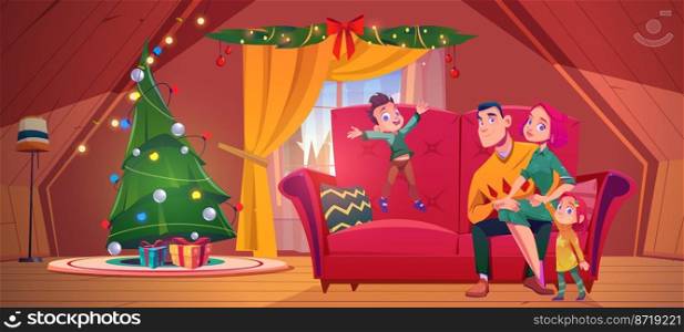 Happy family celebrate Christmas in chalet house. Vector cartoon illustration of attic interior with Xmas tree, gifts, couple sitting on couch and cute kids. Happy family celebrate Christmas in chalet house