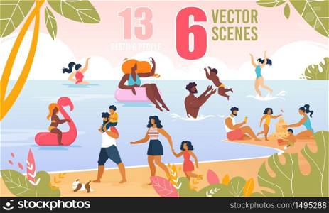 Happy Family Character Resting on Beach Vector Scenes Set. Multiracial Adult People, Children Relaxing near Water, Walking, Building Sand Castle, Swimming with Rubber Rings. Cartoon Flat Illustration. Happy Family Character Resting on Beach Vector Set