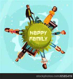 Happy family circular background with relatives figurines of mother, father daughter son grandfather grandmother cartoon vector illustration. Happy Family Circular Background
