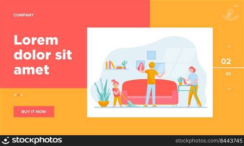 Happy family cleaning apartment flat vector illustration. Cartoon mother, father and daughter housekeeping together. Togetherness, flat, home and household concept