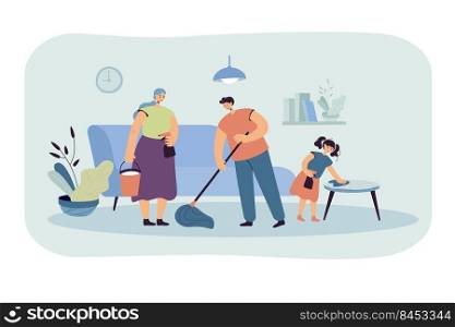 Happy family cleaning house together flat vector illustration. Cartoon Father, mother and daughter working to clean apartment. Household and housekeeping concept