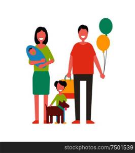 Happy family colorful vector icon cartoon style. Smiling young couple, mother with baby in hand, child with pet, father with balloon and package set. Happy Family Colorful Vector Icon in Cartoon Style