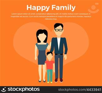 Happy family concept banner design flat style. Young family man and a woman with a son. Mother and father with child happiness lifestyle, vector illustration