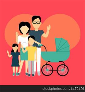 Happy family concept banner design flat style. Young family man and a woman with a son and daughter and a stroller for a newborn. Mother and father with child happiness lifestyle, vector illustration