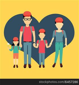 Happy Family Concept Banner Design. Happy family concept banner design flat style. Young family man and a woman with a son and daughter on a travel. Mother and father with child happiness lifestyle, vector illustration