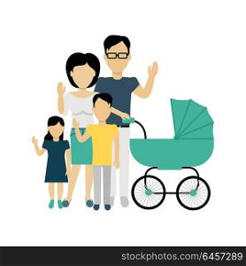 Happy Family Concept Banner Design. Happy family concept banner design flat style. Young family man and a woman with a son and daughter and a stroller for a newborn. Mother and father with child happiness lifestyle, vector illustration