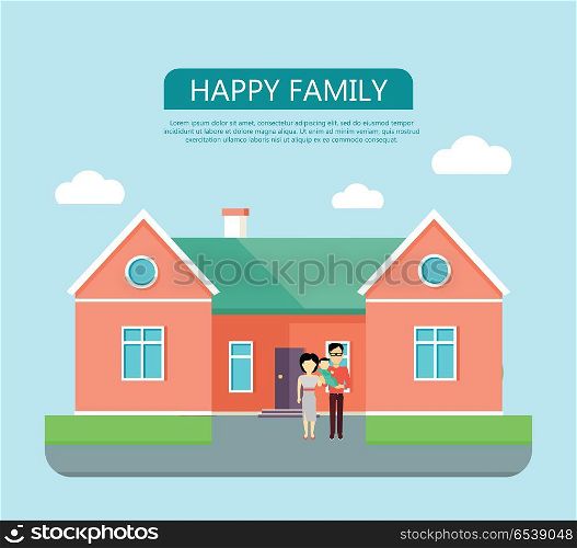 Happy Family Concept. Happy family on the background of red house with green roof. Home house in flat design style. Home, building, house exterior, real estate, family house, modern house. Website template.