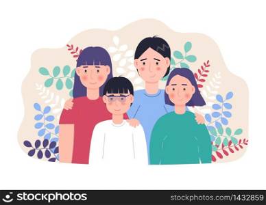 Happy family concept vector. Mother and farther, son and daughter with on botanic, leave background. National foster care month, family day.. Happy family concept vector. Mother and farther, son and daughter with on botanic, leave background. National foster care month, family day, week