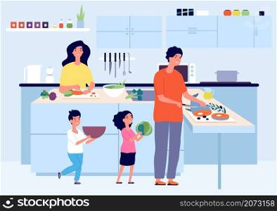 Happy family cooking. Cook on kitchen, kid mom dad eat and food preparation. Parents child make home dinner or lunch utter vector concept. Illustration family in kitchen, daughter son and parents. Happy family cooking. Cook on kitchen, kid mom dad eat and food preparation. Parents child make home dinner or lunch utter vector concept