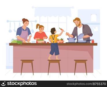 Happy family cooking. Mother, father and kids cook home dinner at kitchen table, culinary hobby, recipe meal, swanky flat vector illustration. Family cooking together at home. Happy family cooking. Mother, father and kids cook home dinner at kitchen table, culinary hobby, recipe meal, swanky flat vector illustration