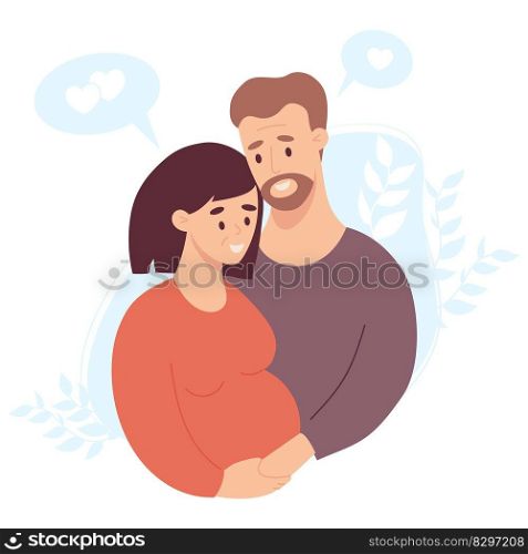 Happy family. Cute adult couple expecting baby. Pregnant woman and husband. Vector illustration. Future parents, pregnancy motherhood, parenthood concept