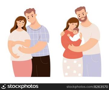 Happy family. Cute couple with pregnant woman and pair with newborn baby. Vector illustration in flat style. Future parents, pregnancy motherhood, parenthood concept