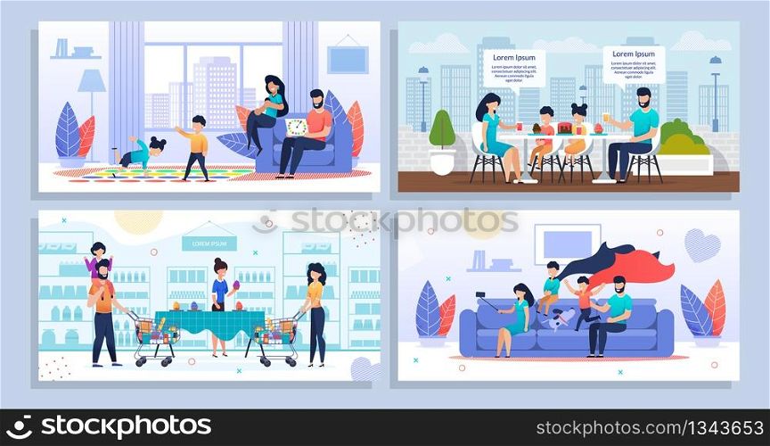 Happy Family Daily Home Activities, Outdoors Recreation Set. Cartoon Smiling Father, Mather and Kids Having Fun, Shopping, Photographing, Celebrating Birthday Party Together. Vector Flat Illustration. Family Daily Home Activities and Recreation Set