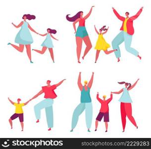 Happy family dancing. Children and parents spending time together. Mother, father, son and daughter performing dance, entertaining at party. Cartoon cheerful characters moving vector. Happy family dancing. Children and parents spending time together. Mother, father, son and daughter performing dance