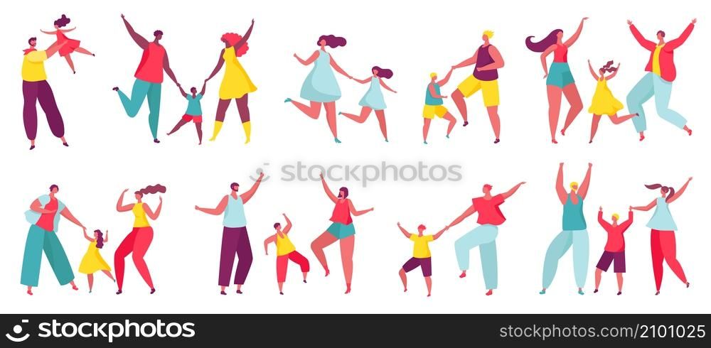 Happy family dancing together, parents dance with kids. Mother and daughter dancers, children enjoying music with mom and dad vector set. Man and woman having entertainment and happiness. Happy family dancing together, parents dance with kids. Mother and daughter dancers, children enjoying music with mom and dad vector set