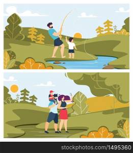 Happy Family Day and Summer Time Activities Flat Set. Father with Son Fishing with Rod in River. Dad, Mom with Child Walking in Forest. Nature Exploration and Rest. Vector Cartoon Illustration. Happy Family Day and Summer Time Activities Set