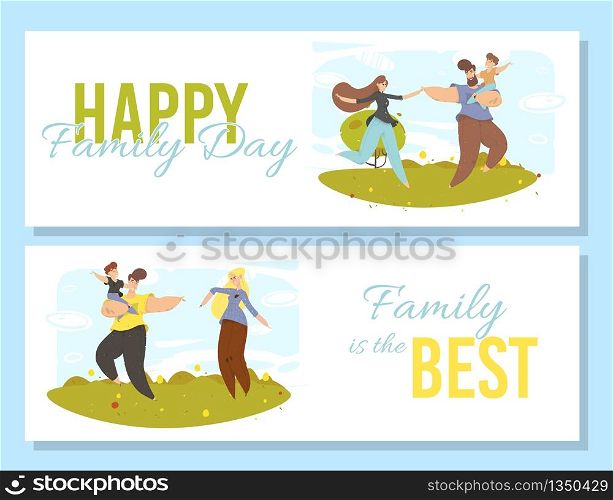 Happy Family Day Banners Set. Joyful Mother, Father and Son Walking at Park. Parents and Kids Spend Time Together. Recreational Outdoor Activity, Summer Holidays. Cartoon Flat Vector Illustration. Happy Family Day Banners Set. Outdoor Activity,