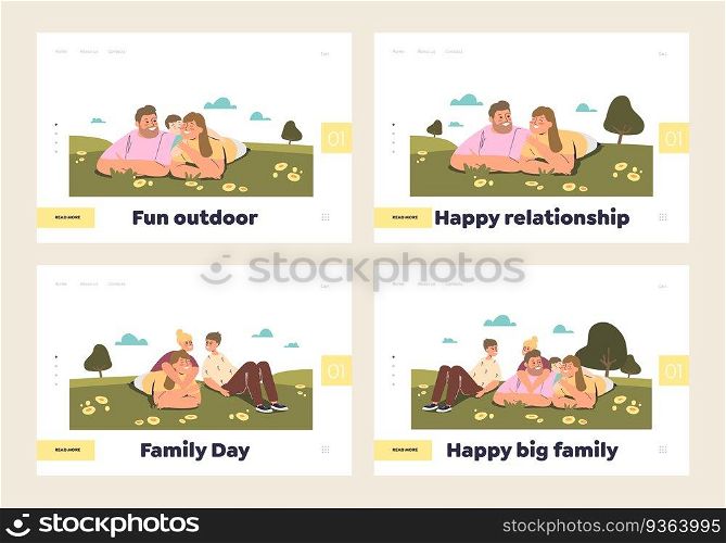 Happy family day concept of set of landing pages templates with smiling couple and kids together lying on green grass. Relationship and love. Cartoon flat vector illustration. Happy family day concept of set of landing pages templates with smiling couple and kids together