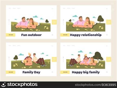 Happy family day concept of set of landing pages templates with smiling couple and kids together lying on green grass. Relationship and love. Cartoon flat vector illustration. Happy family day concept of set of landing pages templates with smiling couple and kids together