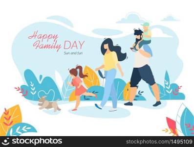 Happy Family Day Horizontal Banner, Mother, Father, Daughter and Son Walking with Pet Outdoors, Little Boy Sitting on Dad Shoulders, People Relaxing Together in Park, Cartoon Flat Vector Illustration. Happy Family Day Banner, Outdoor Walking with Kids