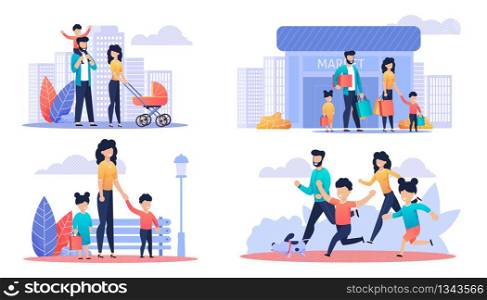 Happy Family Day Off Cartoon Illustration Set. Mother, Father and Children Walking in Park or City Street, Shopping at Mall and Running with Dog. Active Time, Recreation Outdoor. Vector Flat Cartoon. Happy Family Day Off Cartoon Illustration Set