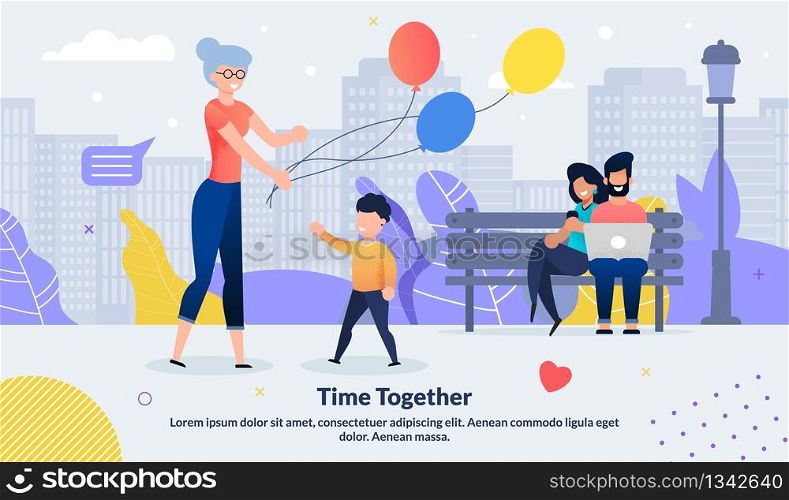 Happy Family Day Spending in Park Together Flat Poster. Grandmother Giving Balloons to Adorable Grandson. Father Mother Sitting on Bench with Laptop. Outdoor Recreation. Cartoon Vector Illustration. Happy Family Day Spending in Park Together Poster