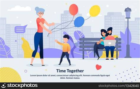 Happy Family Day Spending in Park Together Flat Poster. Grandmother Giving Balloons to Adorable Grandson. Father Mother Sitting on Bench with Laptop. Outdoor Recreation. Cartoon Vector Illustration. Happy Family Day Spending in Park Together Poster