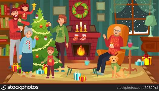 Happy family decorating christmas tree. Vector happy xmas with house fireplace, decoration to celebration holiday illustration. Happy family decorating christmas tree. Vector happy xmas