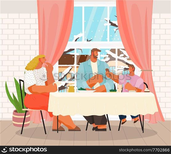 Happy family dining at home near winter window. Family members smiling mother, father and son sitting together at the table and eating dinner in living room interior. Parents spend time with children. Happy family dining at home near winter window. Parents spend time with children in living room