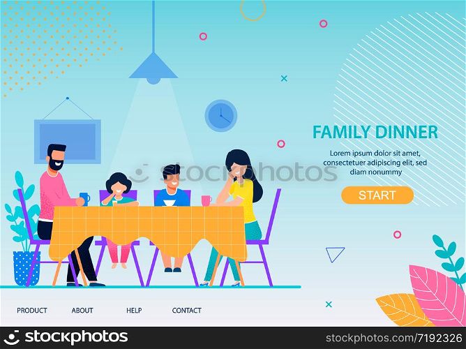 Happy Family Dinner Conceptual Landing Page Flat Template Cartoon Characters Eating Together at Dining Table Mother Father Son Daughter Togetherness Concept Vector Parents and Children Illustration. Happy Family Dinner Conceptual Flat Landing Page